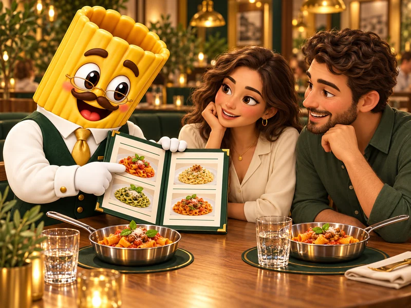 Tony Rigatoni explica la carta a dos comensales; pasta servida en sartenes de acero