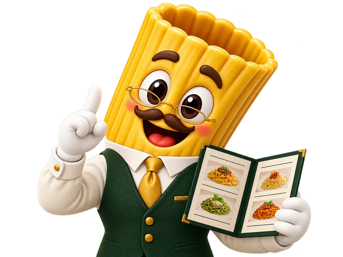 Tony Rigatoni, con gafas y chaleco, te ayuda a consultar la carta