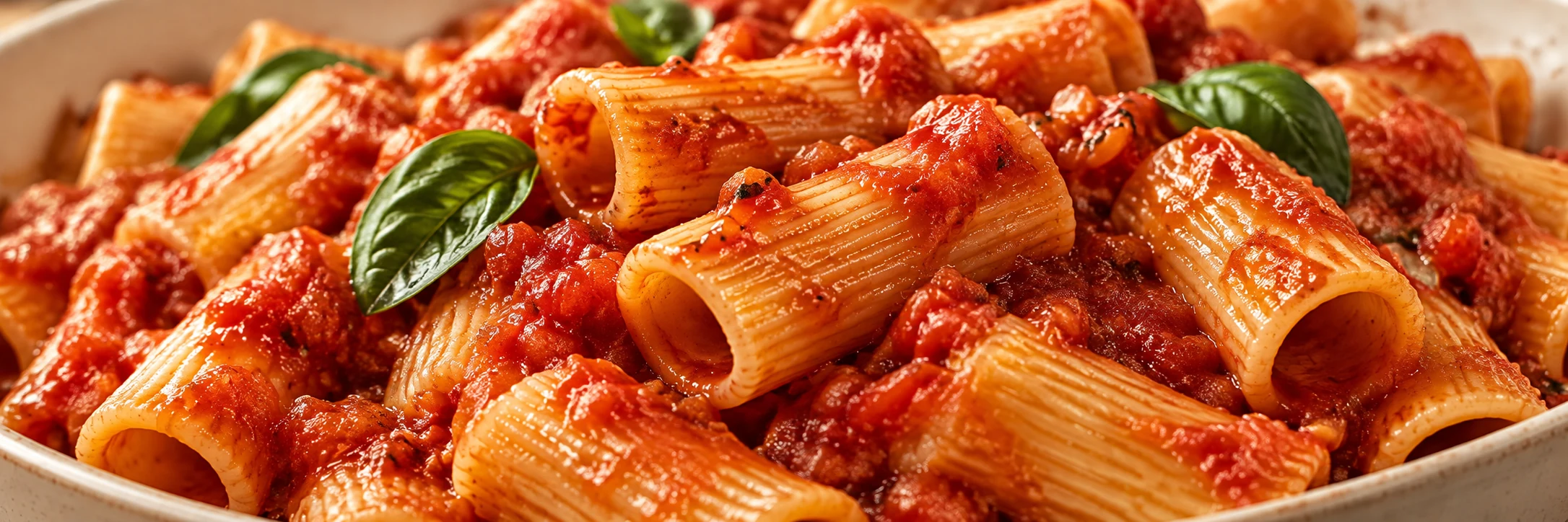 Rigatoni al pomodoro con salsa de tomate y hojas de albahaca, en una composición panorámica