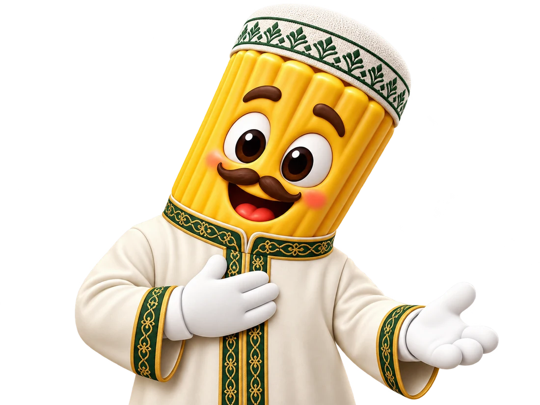 Tony Rigatoni con kufi y túnica, dando la bienvenida