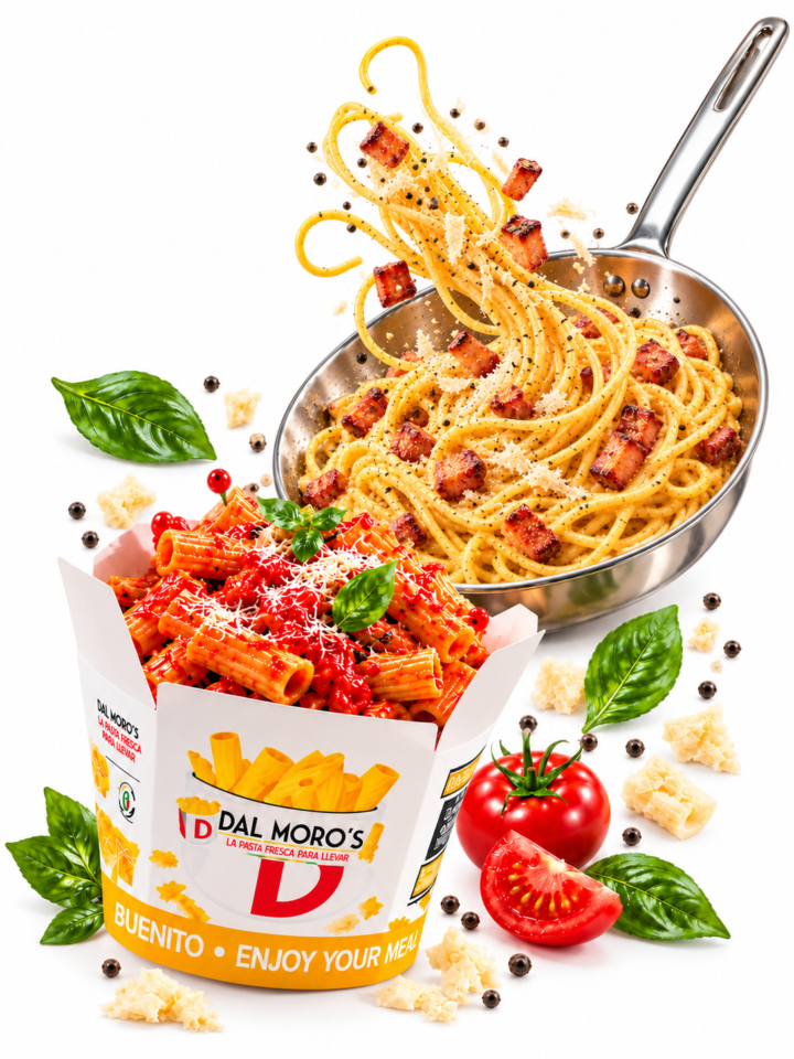 Caja Dal Moro’s con rigatoni al tomate y sartén de acero inoxidable de mango largo con spaghetti carbonara salteados