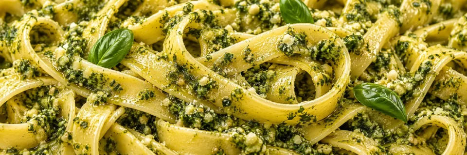 Detalle panorámico de fettuccine con pesto de albahaca, sin recipientes ni envases