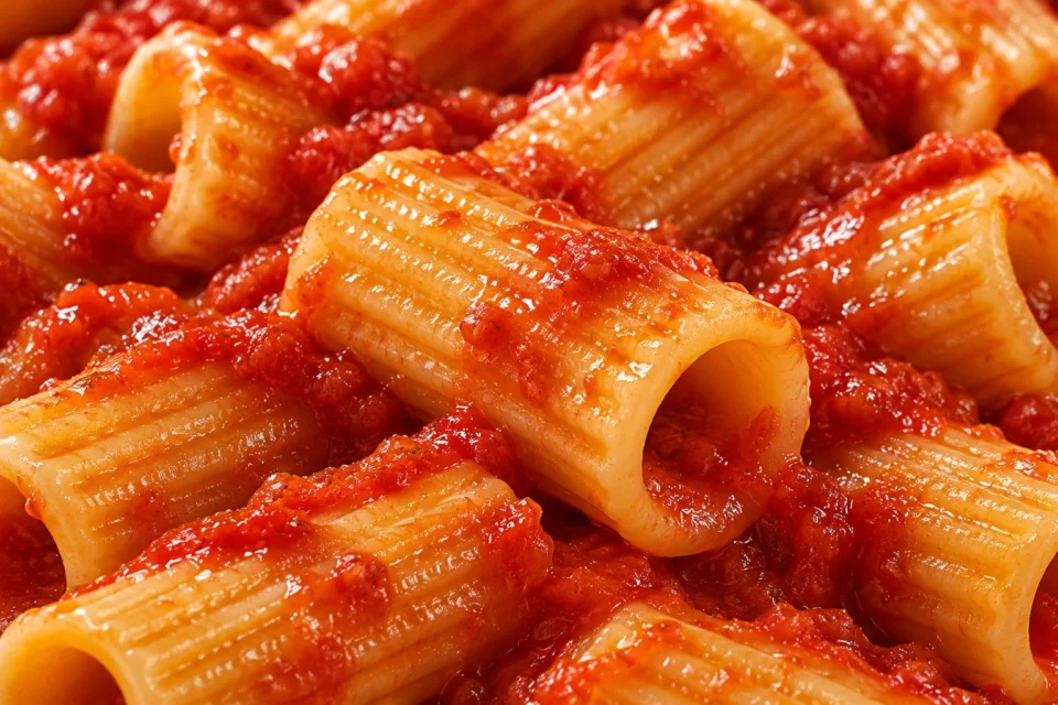Detalle visual de rigatoni al pomodoro: salsa adherida a las estrías de la pasta