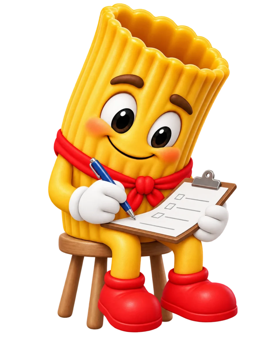 Tony Rigatoni sentado mientras completa el formulario de candidatura con una pluma y una carpeta