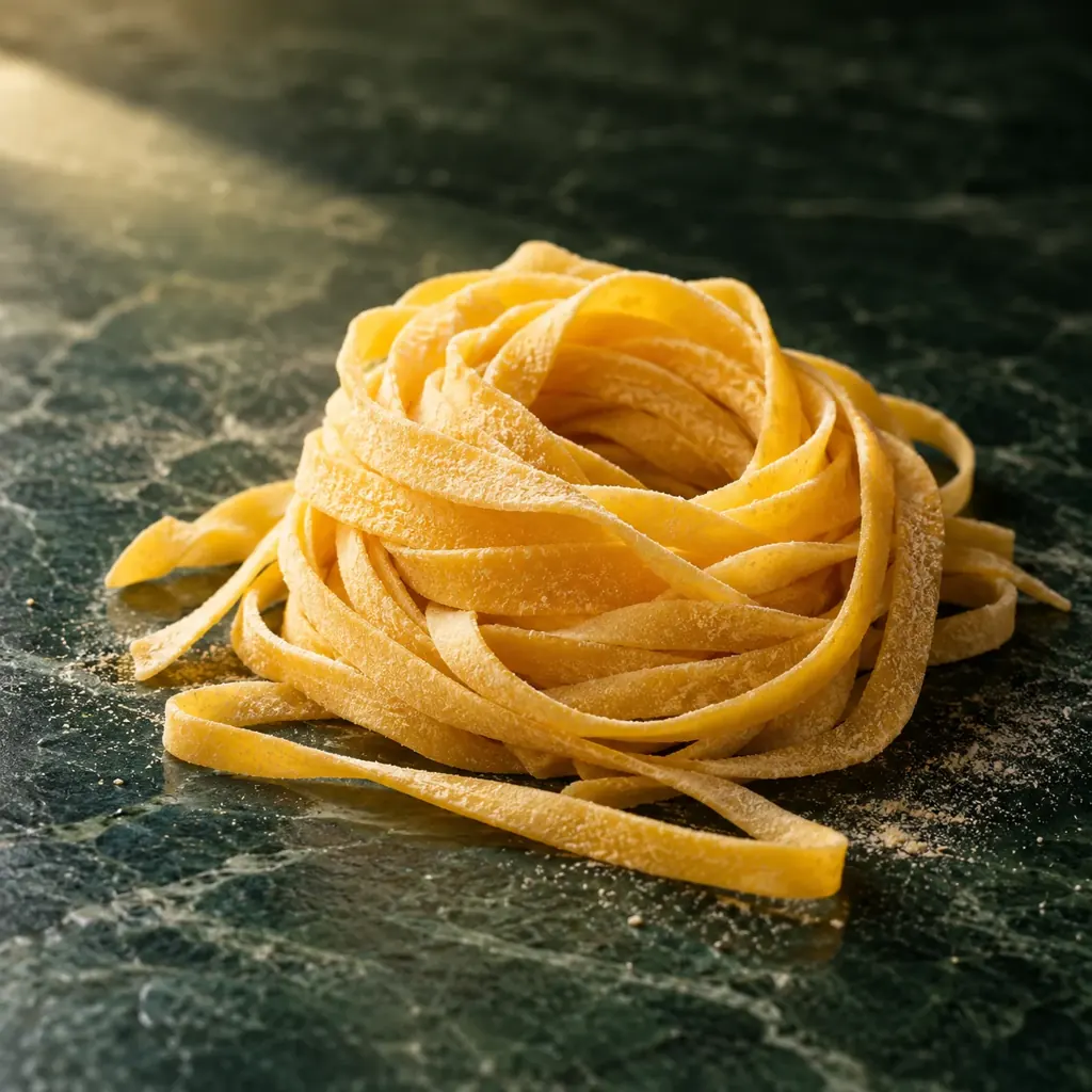 Nido de pasta fresca sobre una superficie verde oscura